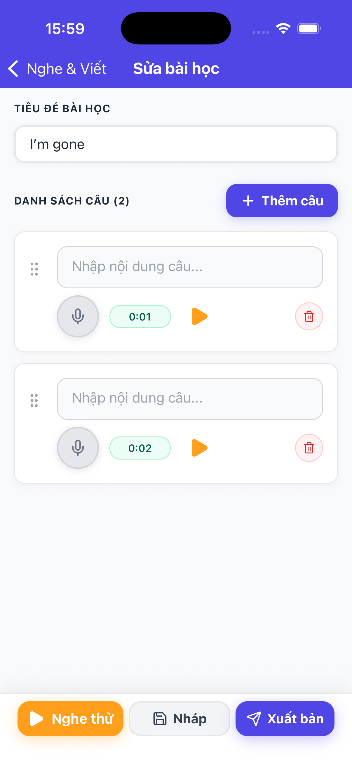 Màn hình sửa bài học